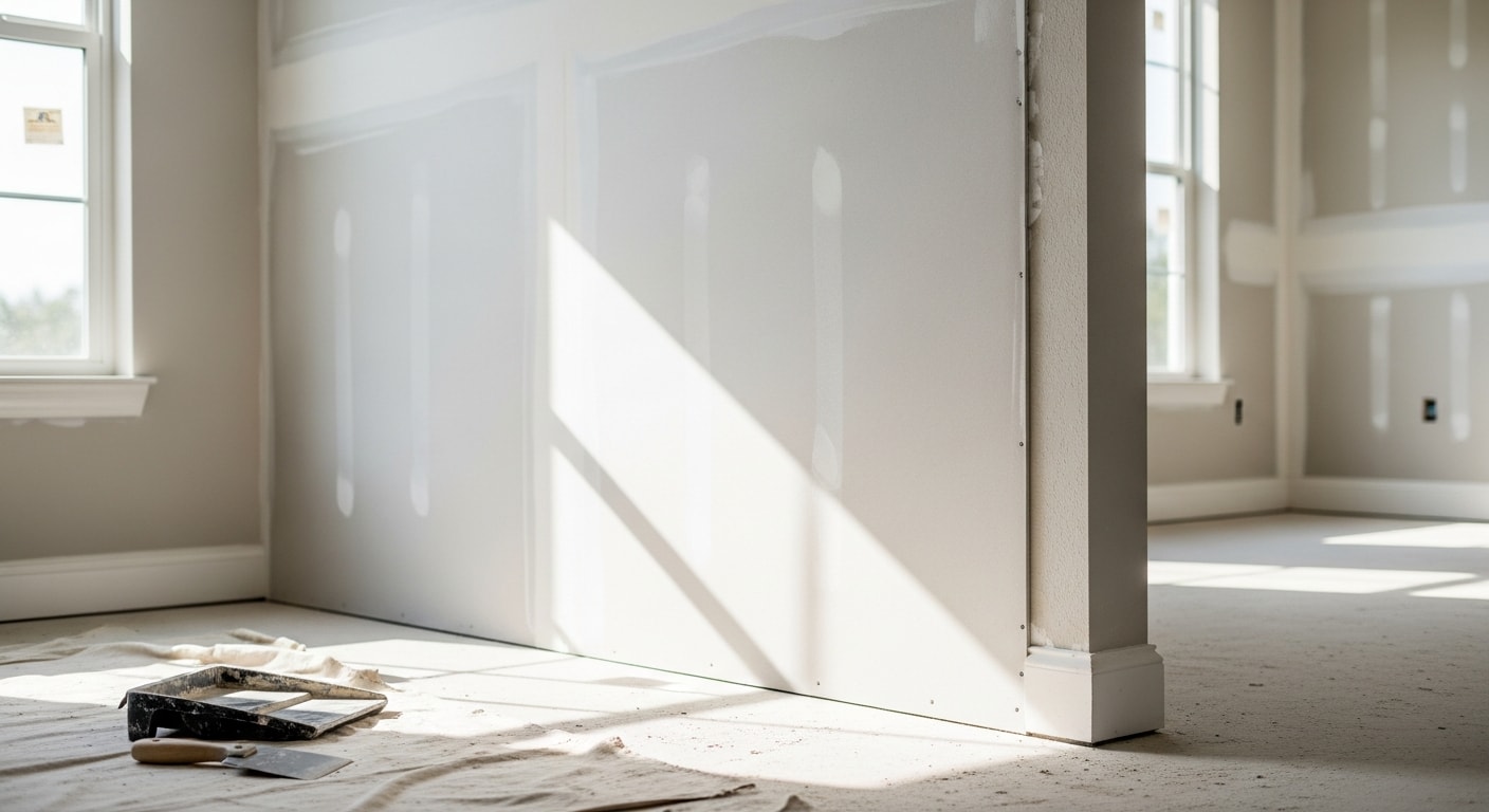 Drywall contractor finishing and taping drywall seams