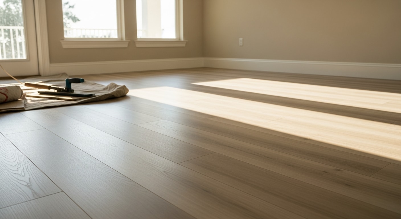 Flooring contractor installing new hardwood flooring in residential home
