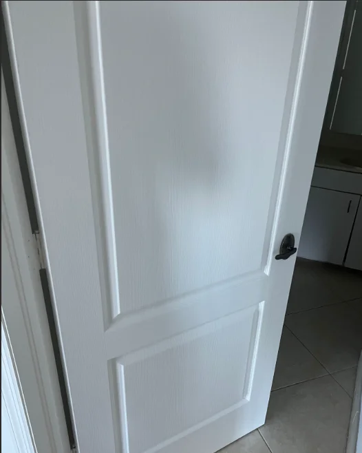 Freshly painted white two-panel interior door with clean finish and trim work