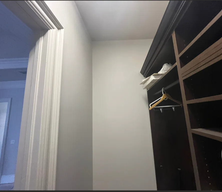 White painted closet interior with black shelving and wood-framed storage units