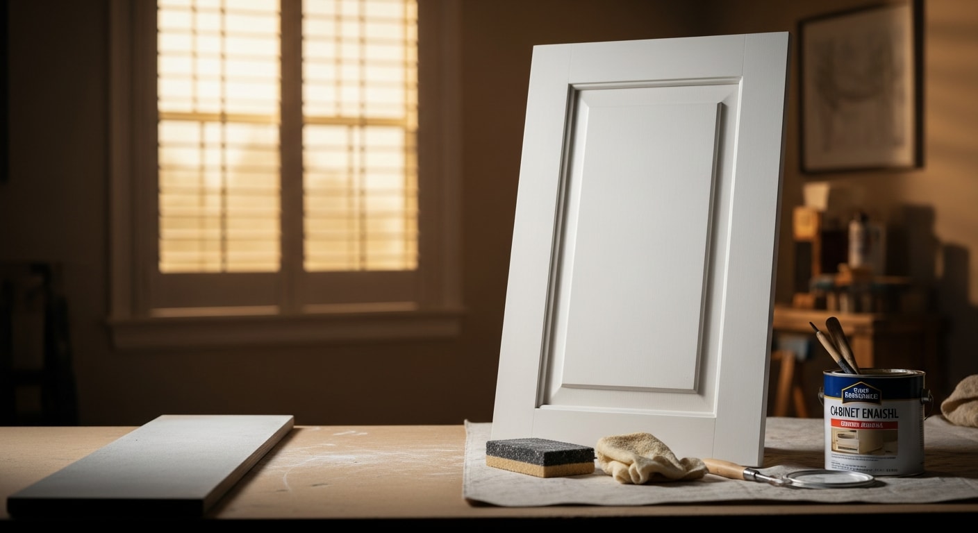 Freshly refinished white kitchen cabinets with a smooth, even finish in a Naples, Florida home. Cabinet doors and drawer fronts show a clean, uniform coat with no brush marks or peeling.