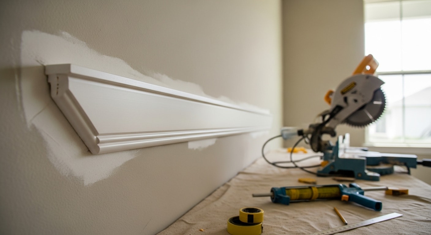 Freshly installed white crown molding running along the ceiling line of a Naples home living room, showing tight mitered corners and a smooth, paint-ready surface. The molding transitions cleanly from wall to ceiling across an open-concept interior with neutral-toned walls.
