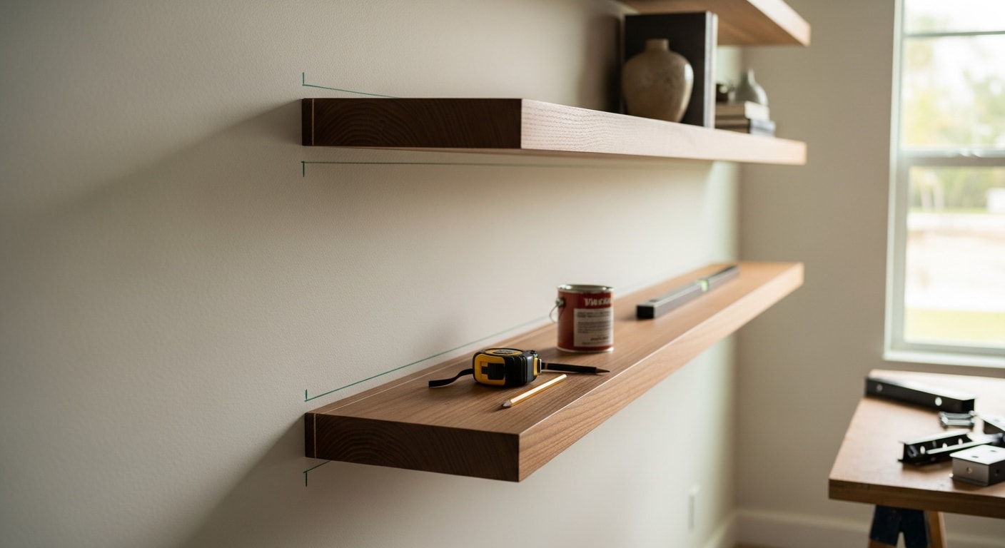 Custom built-in wood shelving installed floor to ceiling in a Naples home living room, with evenly spaced shelves and a clean painted finish. The shelving fits flush against the wall with no visible gaps, displaying books and decor in an organized layout.