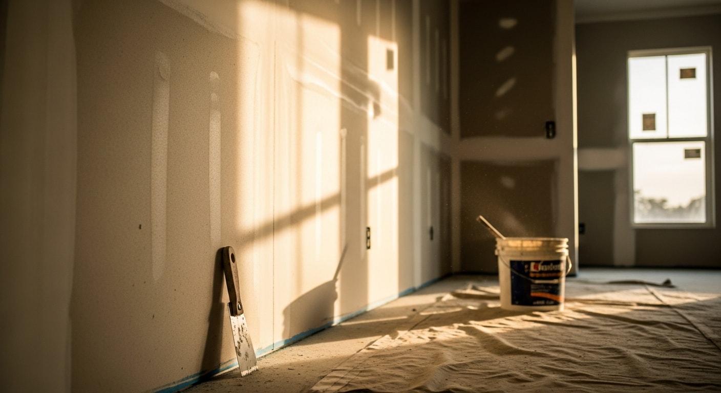 A freshly finished interior wall in a Naples home showing smooth, seam-free drywall ready for primer and paint. Close view reveals flat joint lines and a consistent surface across the wall and ceiling transition.