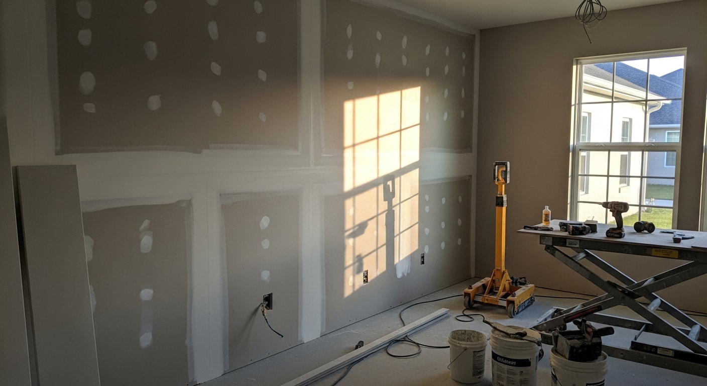 A freshly installed and taped drywall ceiling and walls inside a Naples home, with smooth joint compound applied and surfaces sanded ready for paint. The room shows clean corner bead work and consistent flat finishing typical of a Florida residential remodel.