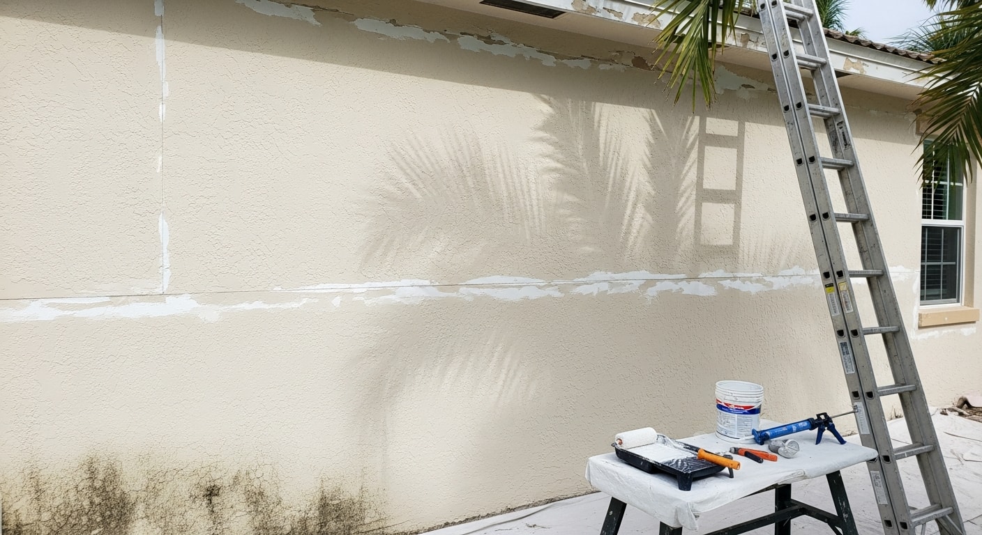 A freshly painted single-story stucco home exterior in Naples, Florida, showing clean white walls, painted trim, and a covered entry. The finish is even and free of peeling or mildew, with a clear blue sky visible above the roofline.