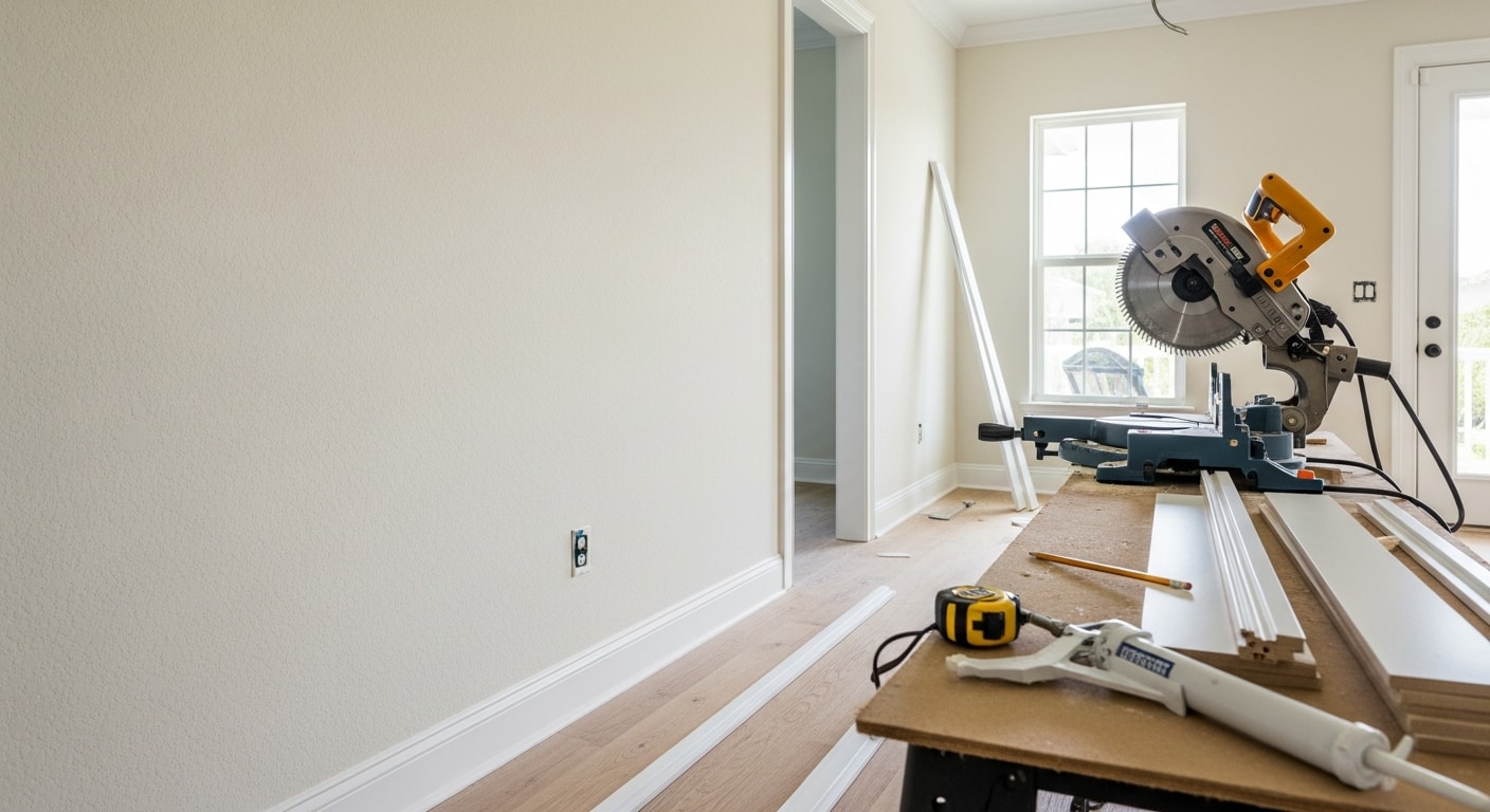 Freshly installed crown molding and baseboards in a Naples, Florida living room, showing tight mitered corners and clean paint-ready trim surfaces. Interior finish carpentry work completed by Apex Painting & Contracting LLC.