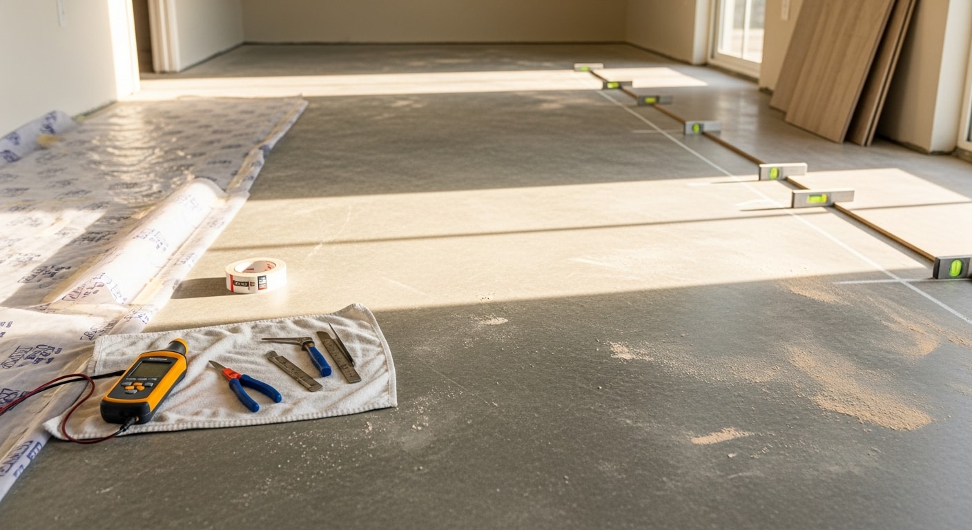 Newly installed luxury vinyl plank flooring in a Naples, Florida living room with natural light from large windows. The floor shows clean plank alignment and smooth transitions at the room's edges.