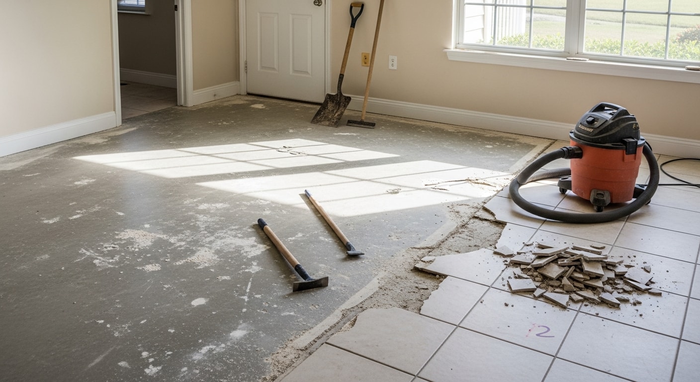 Old ceramic tile being removed from the concrete subfloor of a Naples, Florida home during a flooring renovation. The subfloor is exposed and cleared of thinset residue in preparation for new flooring installation.