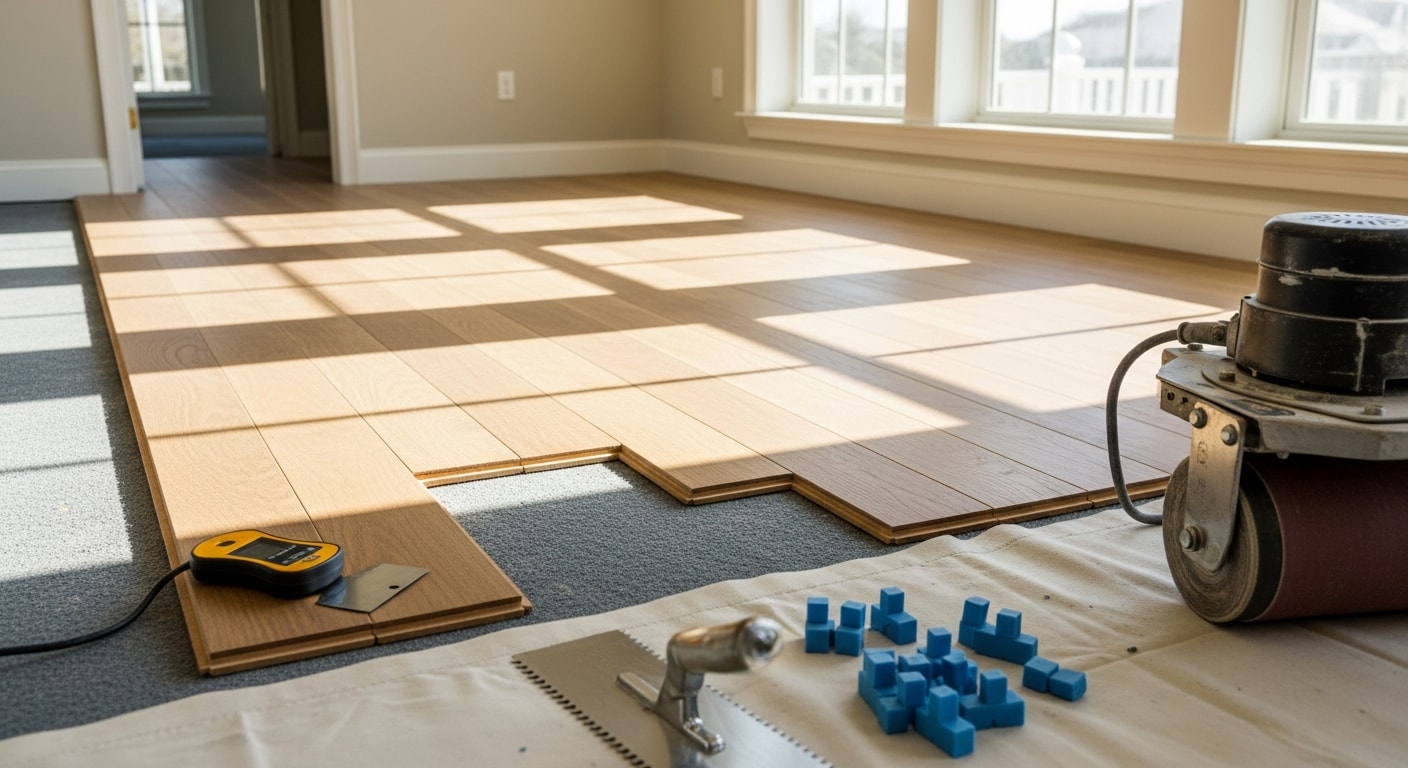 Freshly installed hardwood flooring in a Naples, Florida home with natural light reflecting off the smooth wood surface. The open living area shows clean plank lines and even staining consistent with a professional flooring installation.
