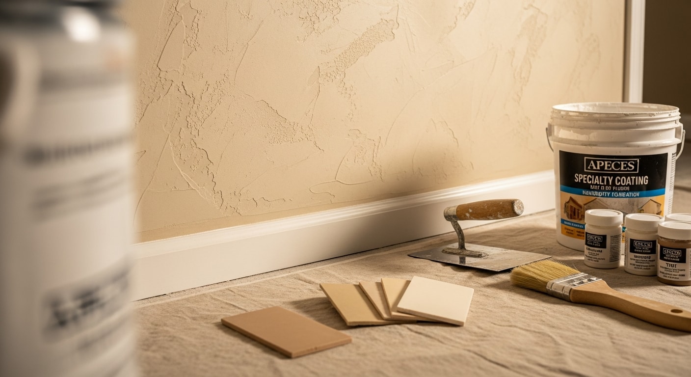 A Naples interior living room wall showing a smooth venetian plaster specialty finish with warm neutral tones and subtle texture. The finish is applied cleanly to the full wall surface with crisp edges at the trim line.