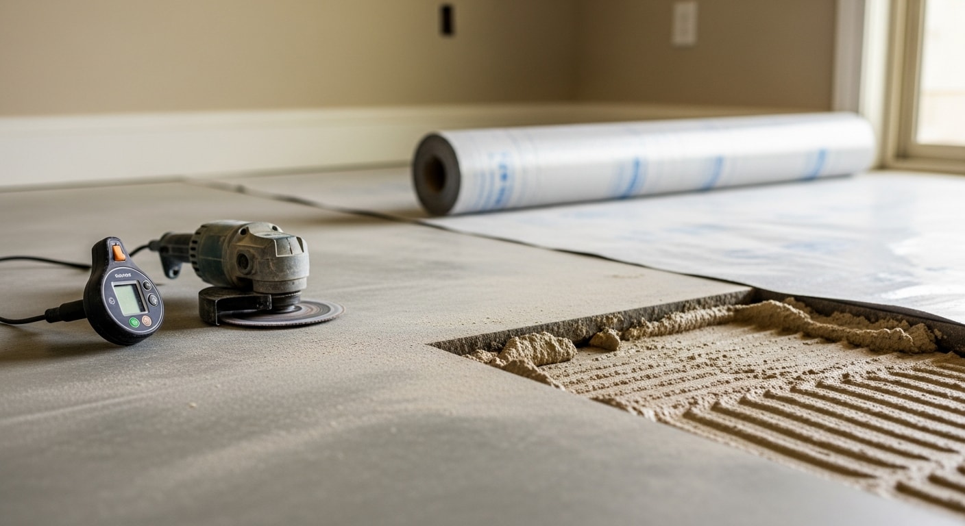 A Naples flooring contractor testing and leveling a concrete subfloor inside a residential home before new flooring installation. The prepared surface is clean, flat, and ready for the next stage of the project.