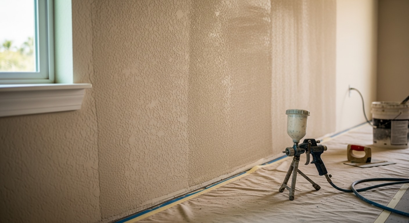 A freshly textured interior wall in a Naples home showing a consistent knockdown finish ready for paint. The surface is smooth and even with no visible seams or patch lines.