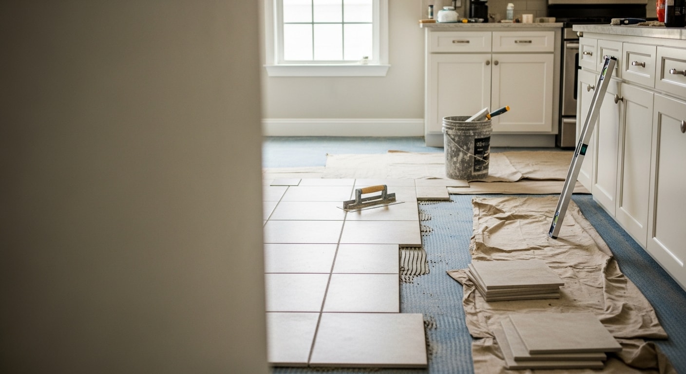 Freshly installed tile flooring in a Naples, Florida home kitchen, showing level grout lines and a clean finish across a high-traffic area. The light-toned tiles reflect natural light in an open-concept layout typical of Southwest Florida homes.