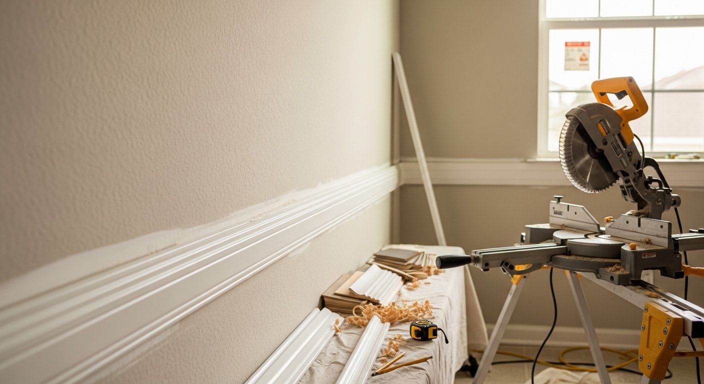 Freshly installed white crown molding and baseboards in a Naples, Florida living room, with clean mitered corners where the wall meets the ceiling. Interior trim work completed by Apex Painting & Contracting LLC showing tight joints and a smooth paint-ready surface.