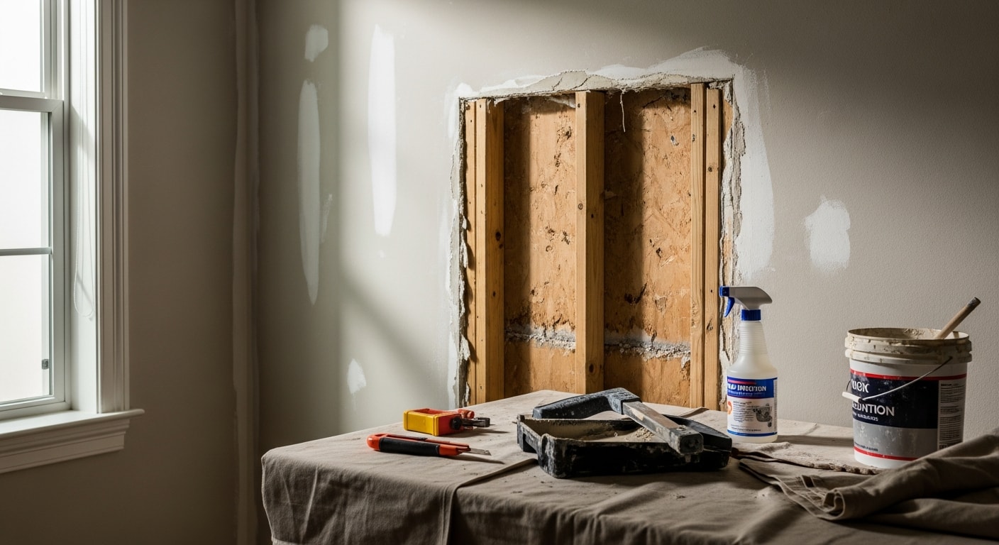 A freshly repaired and painted interior wall in a Naples home showing smooth, even drywall with no visible water staining or damage. The finished surface is ready for paint and matches the surrounding wall texture.